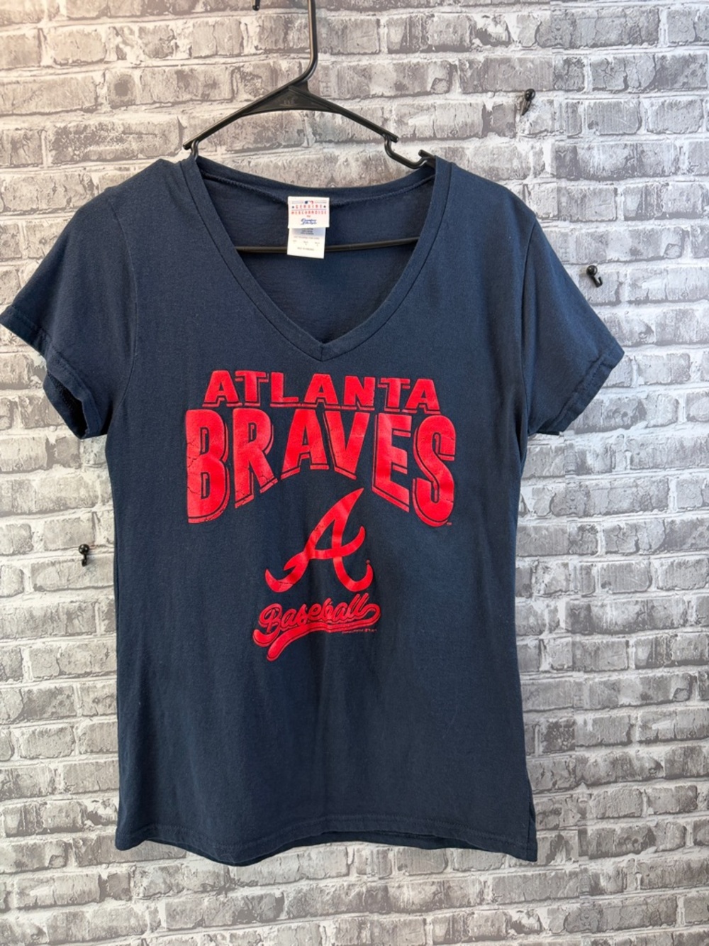 Atlanta Braves Navy V-Neck Tee with Red Logo